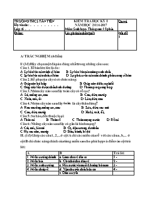 Đề kiểm tra học kì I Sinh học 6 - Năm học 2016-2017 - Trường THCS Tân Tiến